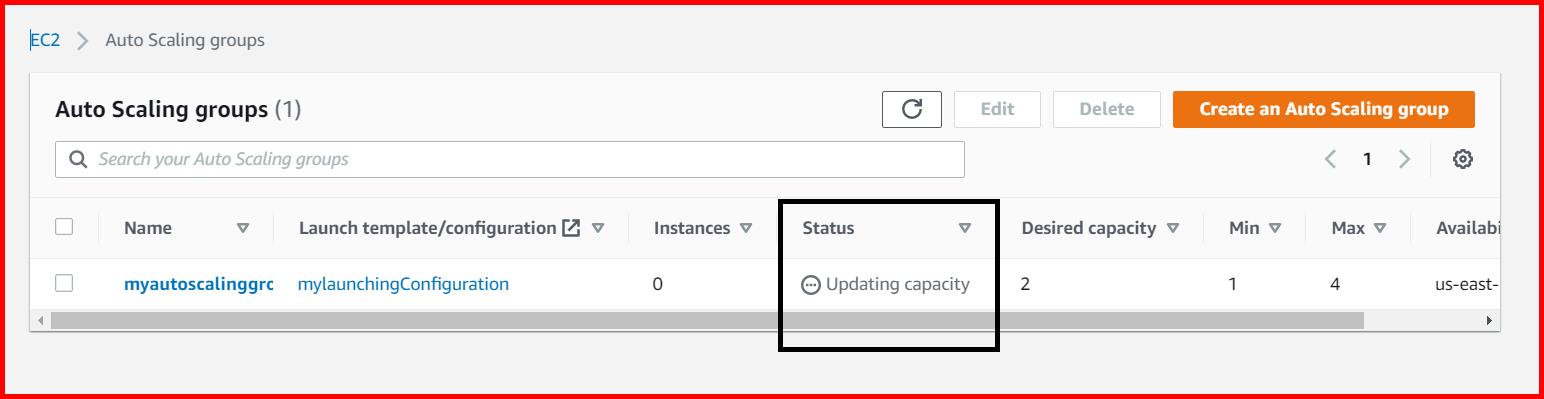 Picture showing the status of the autoscaling group as updating capacity